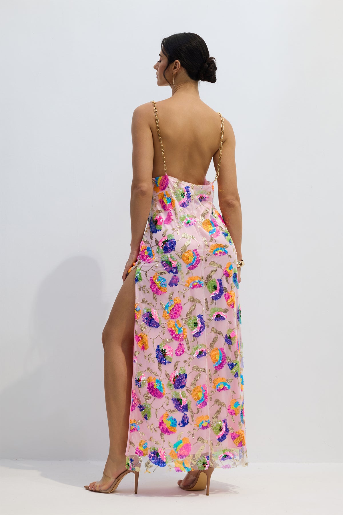 Pink sequin backless maxi dress with shoulder chain - view 4