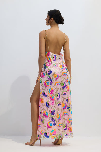 Pink sequin backless maxi dress with shoulder chain - view 4