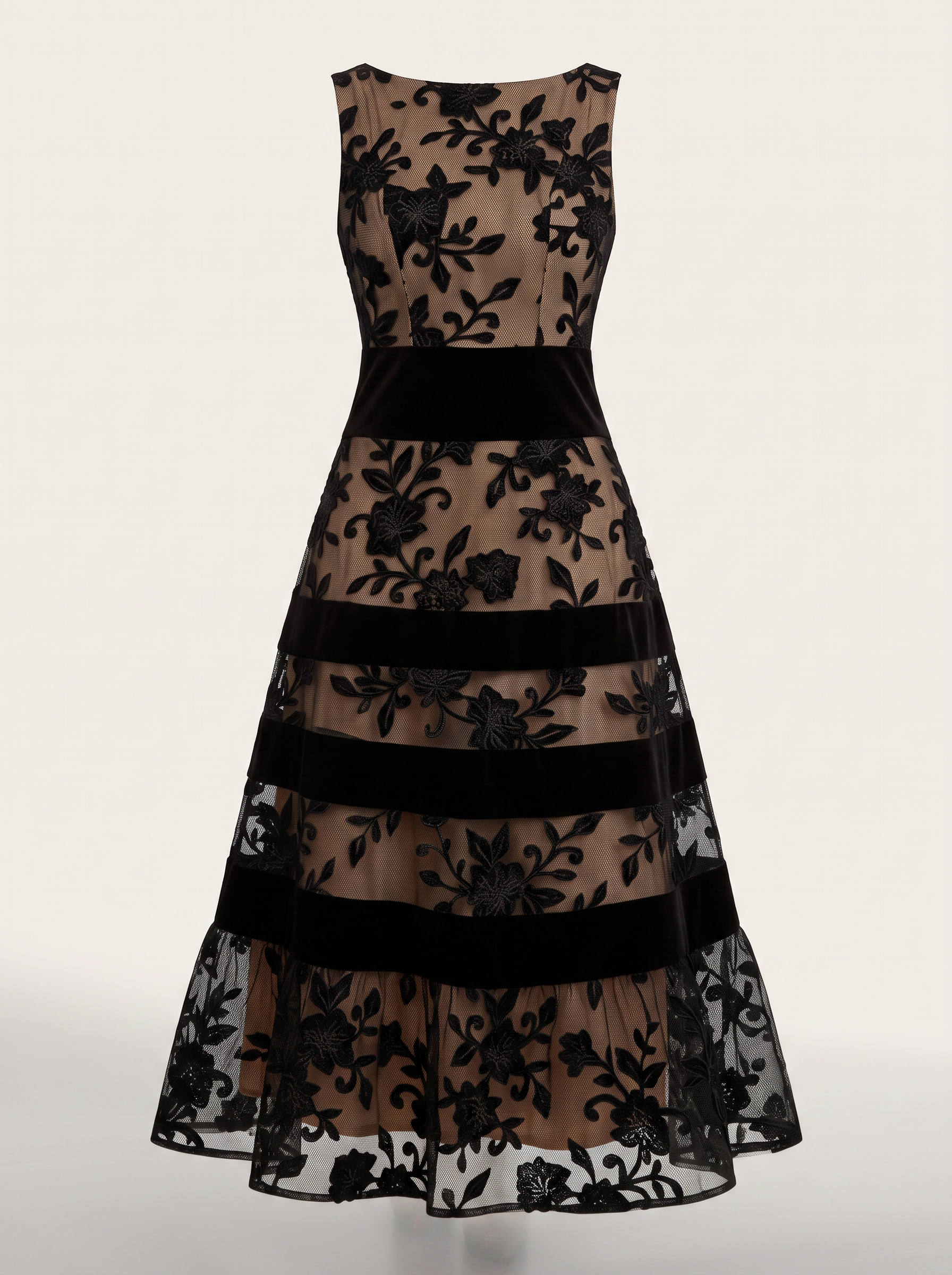Mesh Lace Boat Neck Midi Dress