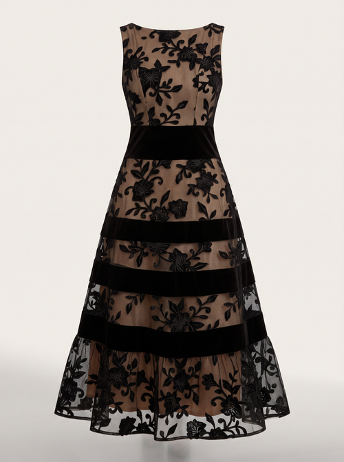 Mesh Lace Boat Neck Midi Dress