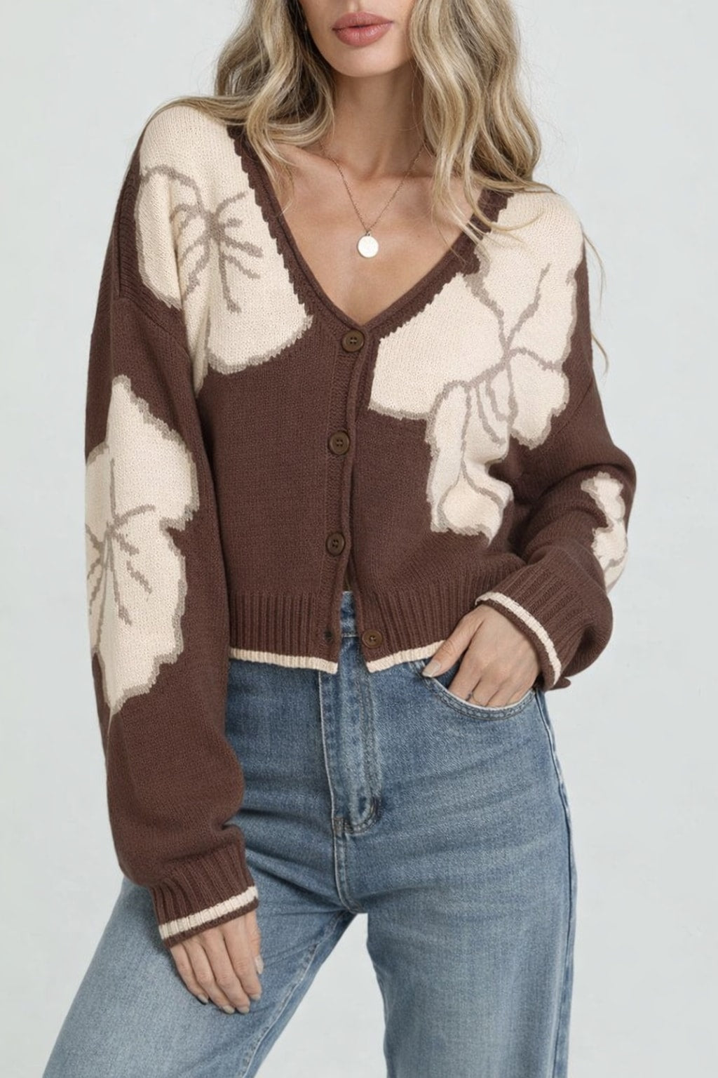 Knit Cardigan Loose V-Neck Long Sleeve Sweater - 4