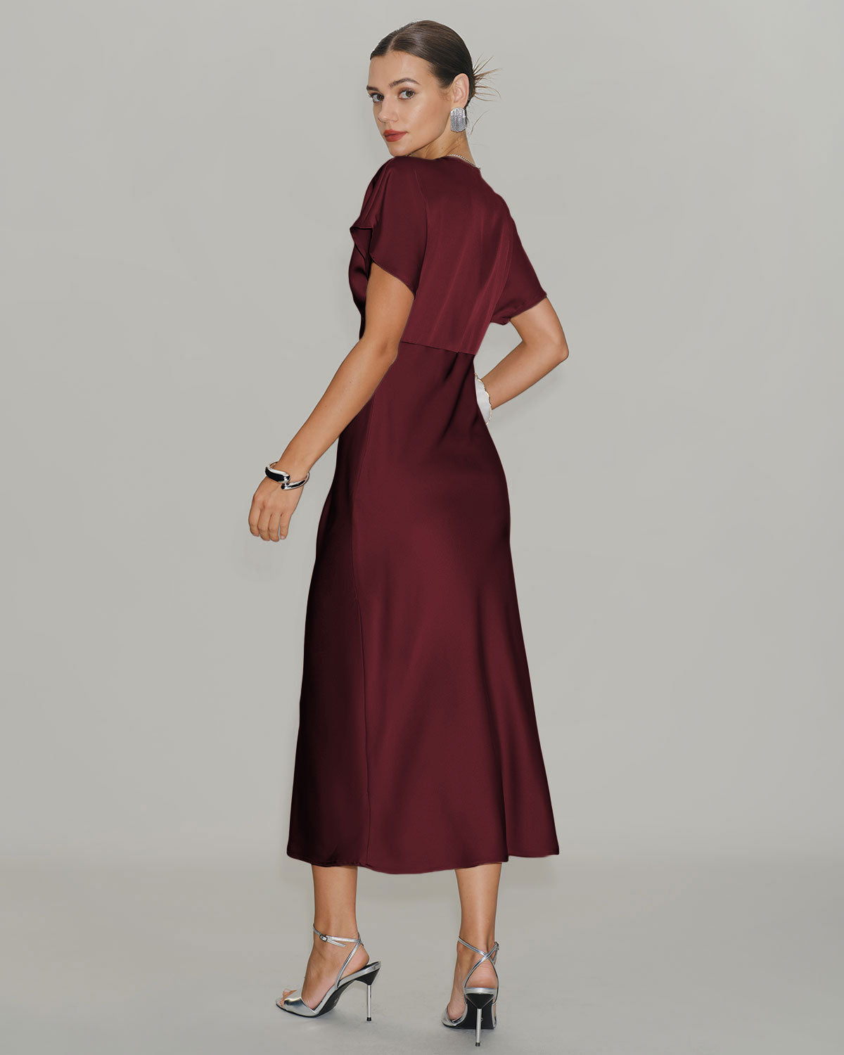 Wine red satin cowl neck midi dress - view 4