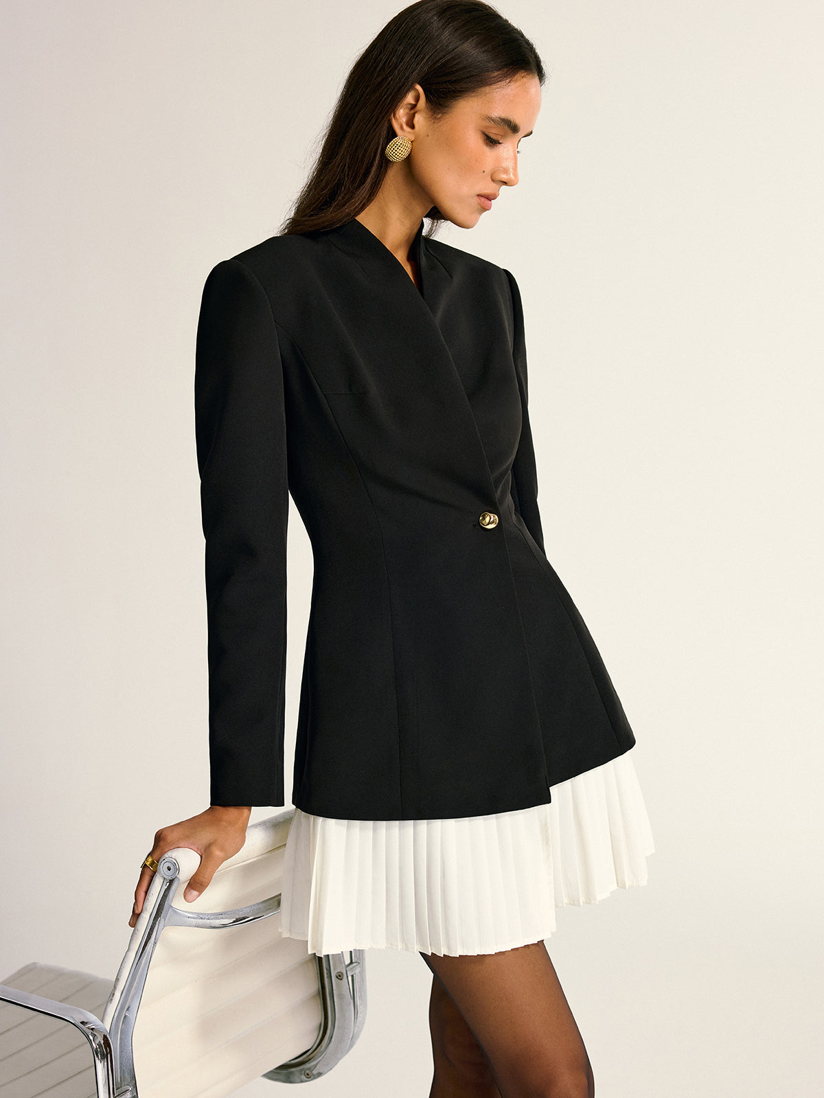 Black woven blazer dress with pleated hem - view 3