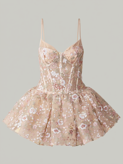 Pink floral embroidered corset mini dress
