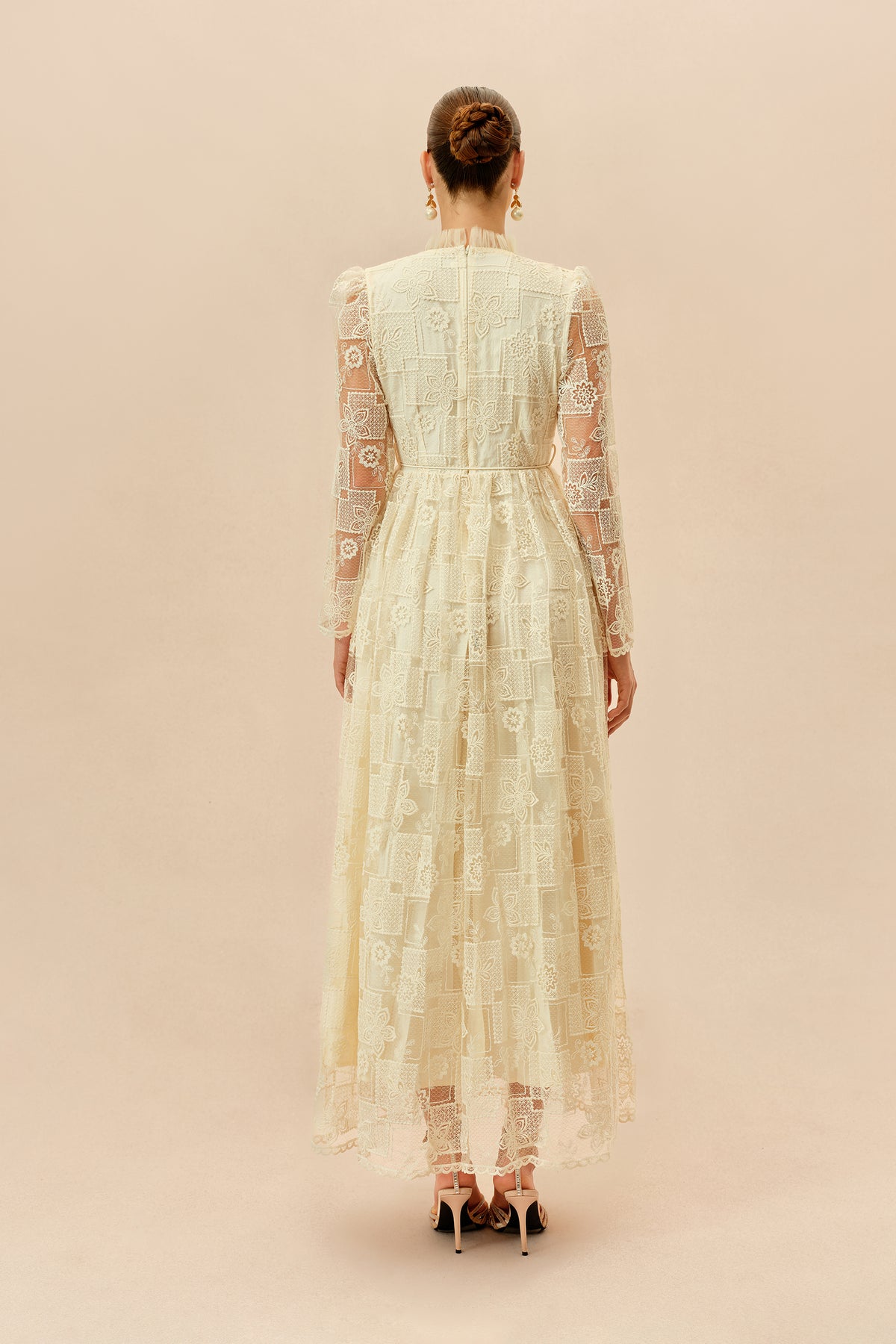Beige Floral Lace Maxi Dress, Drawstring Waist - view 4