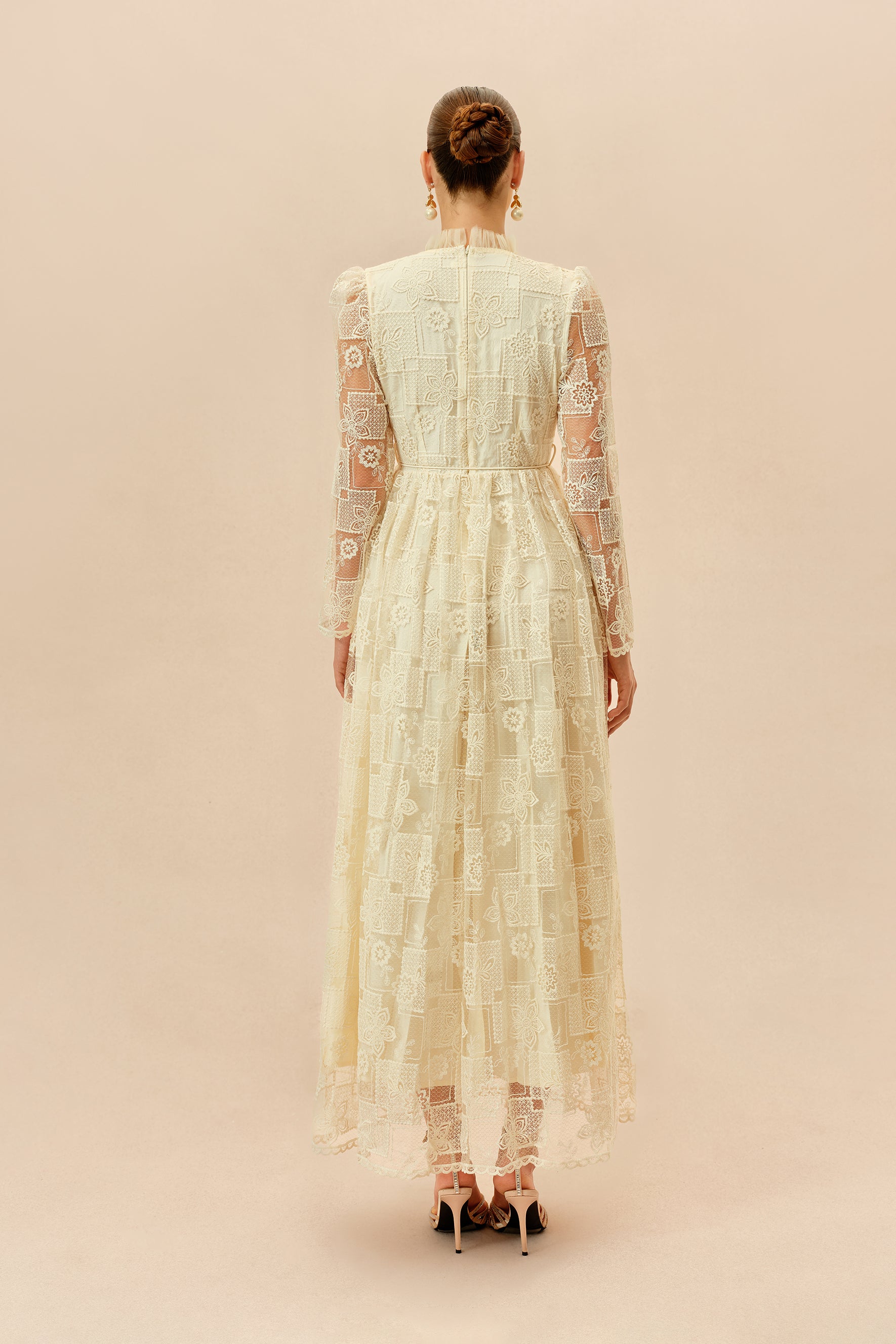 Beige Floral Lace Maxi Dress, Drawstring Waist - view 4