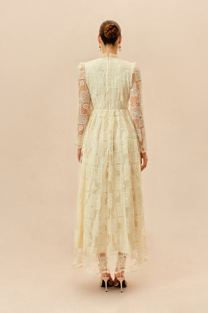 Beige Floral Lace Maxi Dress, Drawstring Waist - view 4