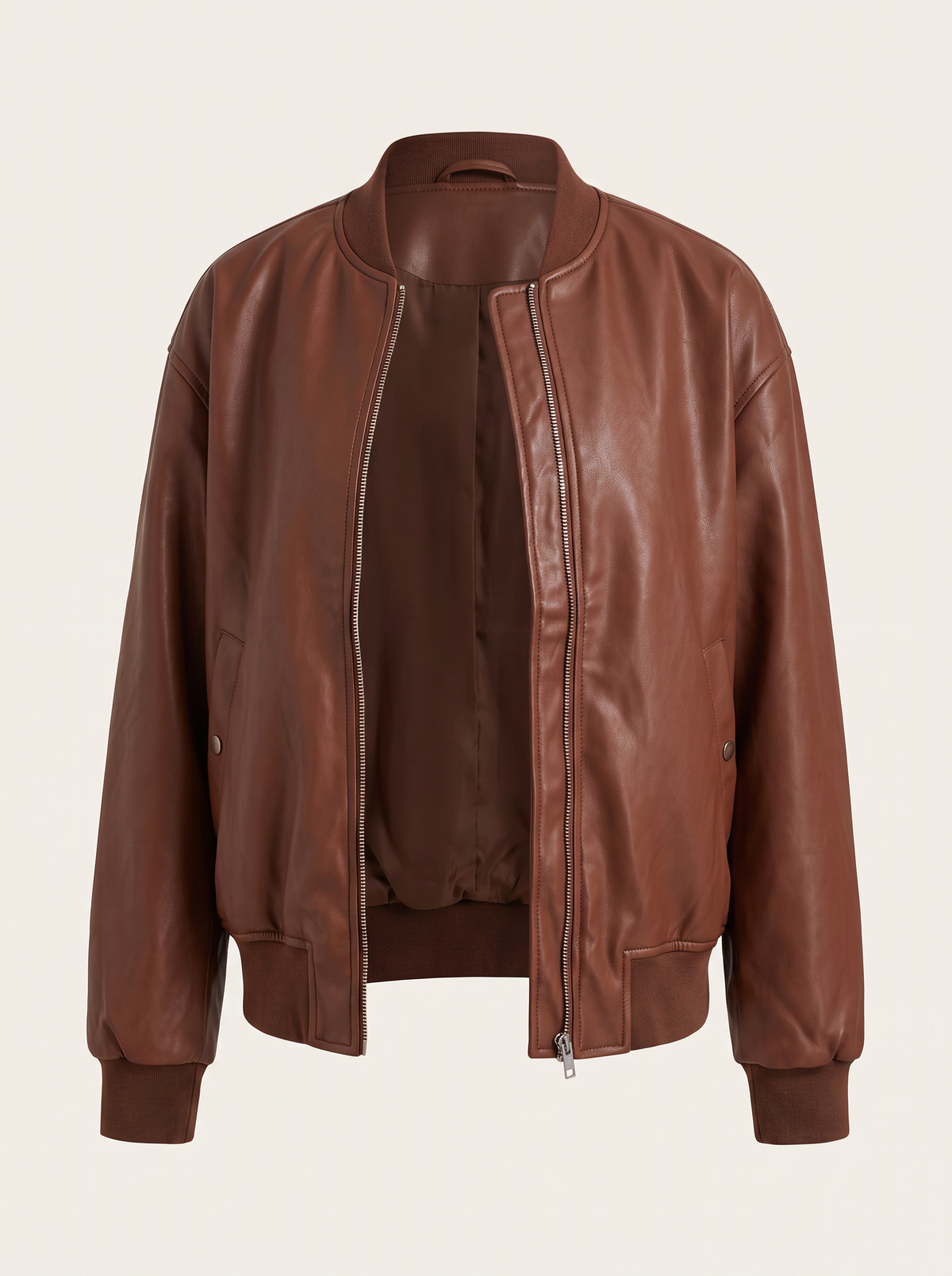 Faux Leather Bomber Jacket with Stand Collar