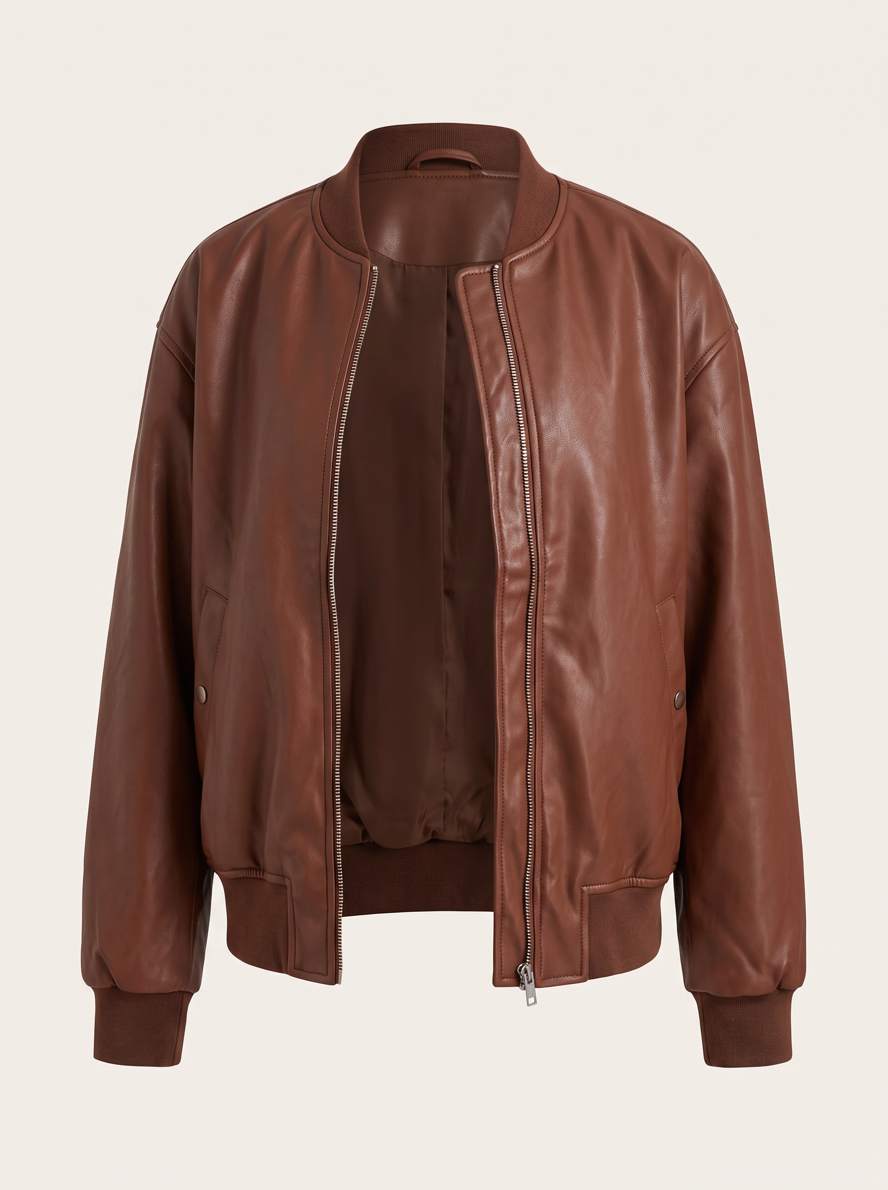 Faux Leather Bomber Jacket with Stand Collar