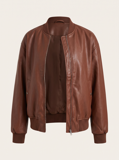 Faux Leather Bomber Jacket with Stand Collar