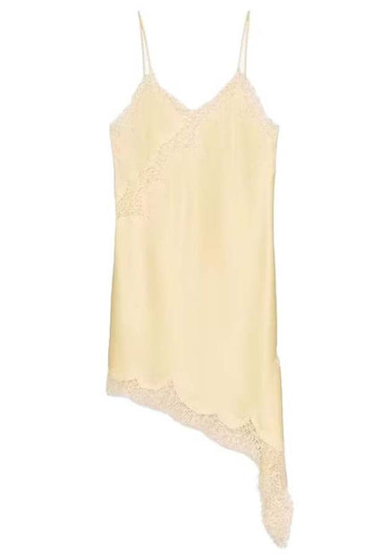 Satin slip mini dress with asymmetrical lace hem - view 8
