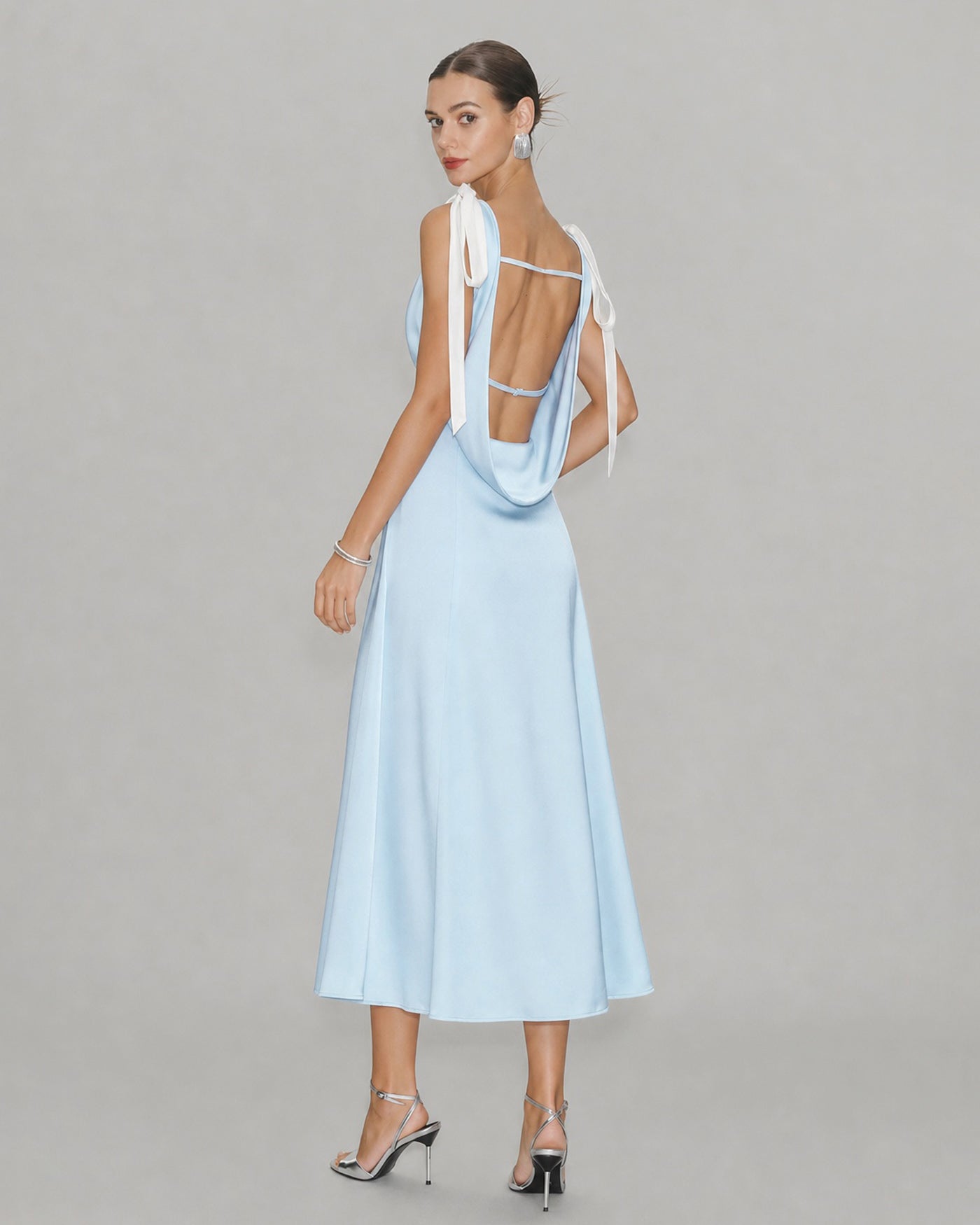Blue V-neck satin midi dress with ruched cutout waist - view 4