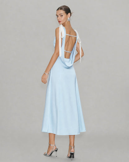 Blue V-neck satin midi dress with ruched cutout waist - view 4