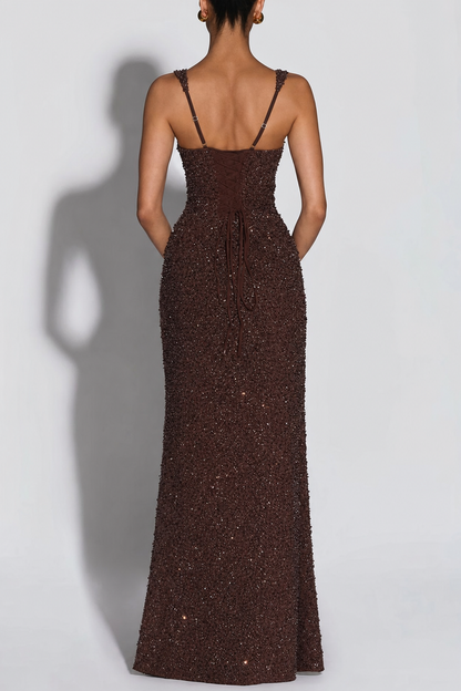 Sequin chiffon maxi dress with lace-up back - view 7