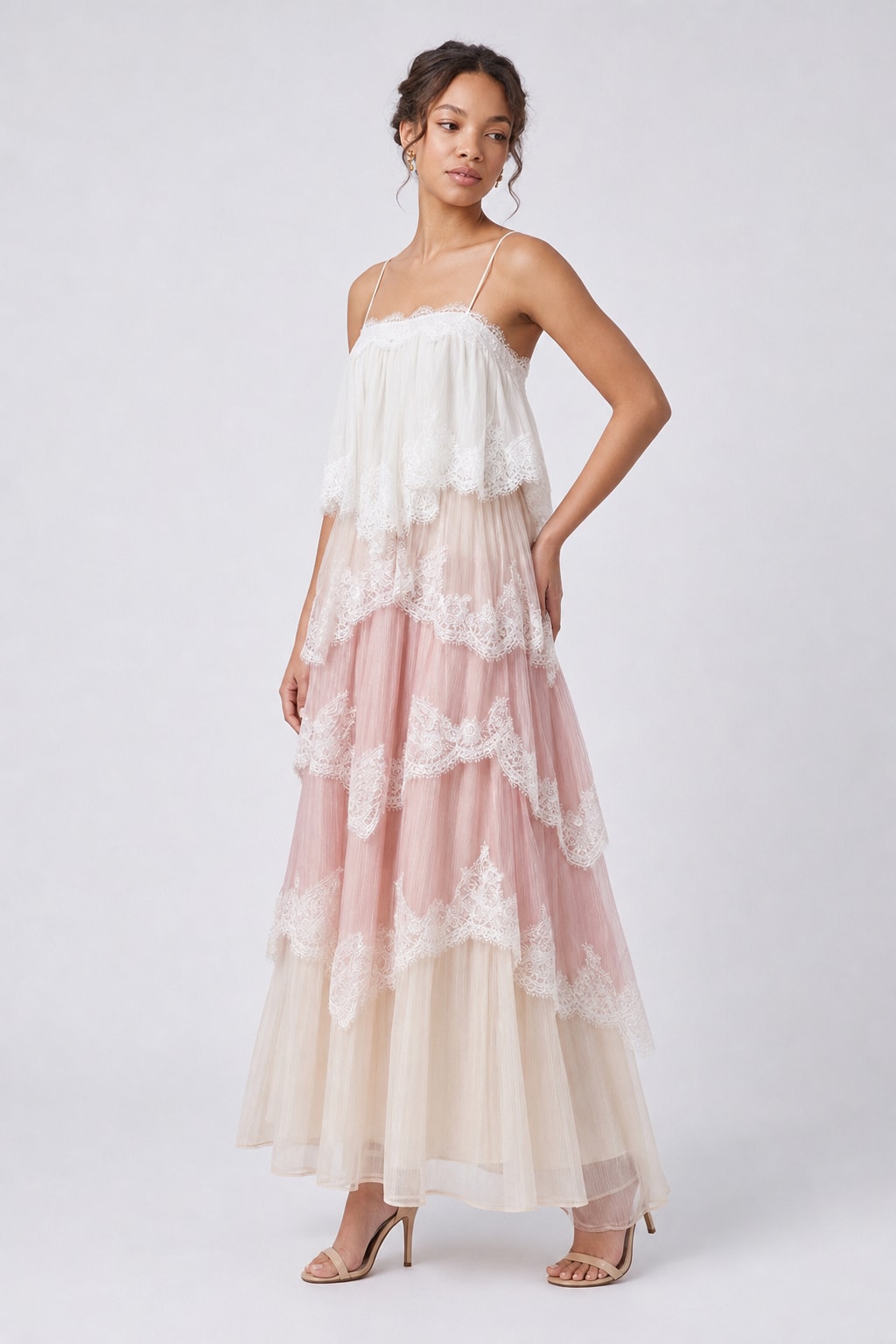 Chiffon Tiered Maxi Dress With Lace Trim - 4