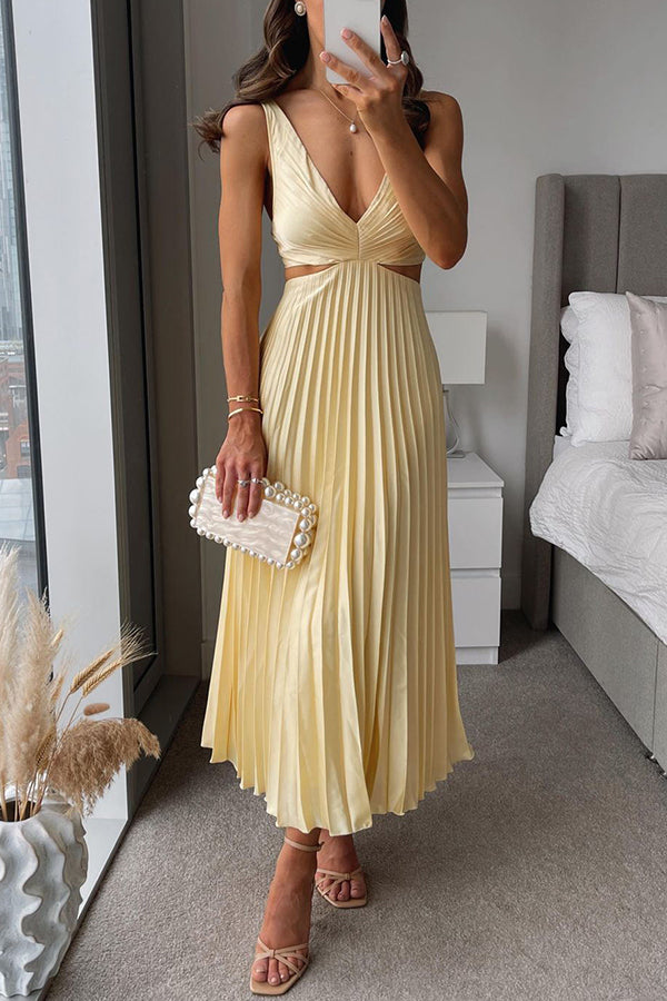 Satin pleated maxi dress with cutout waist - view 2