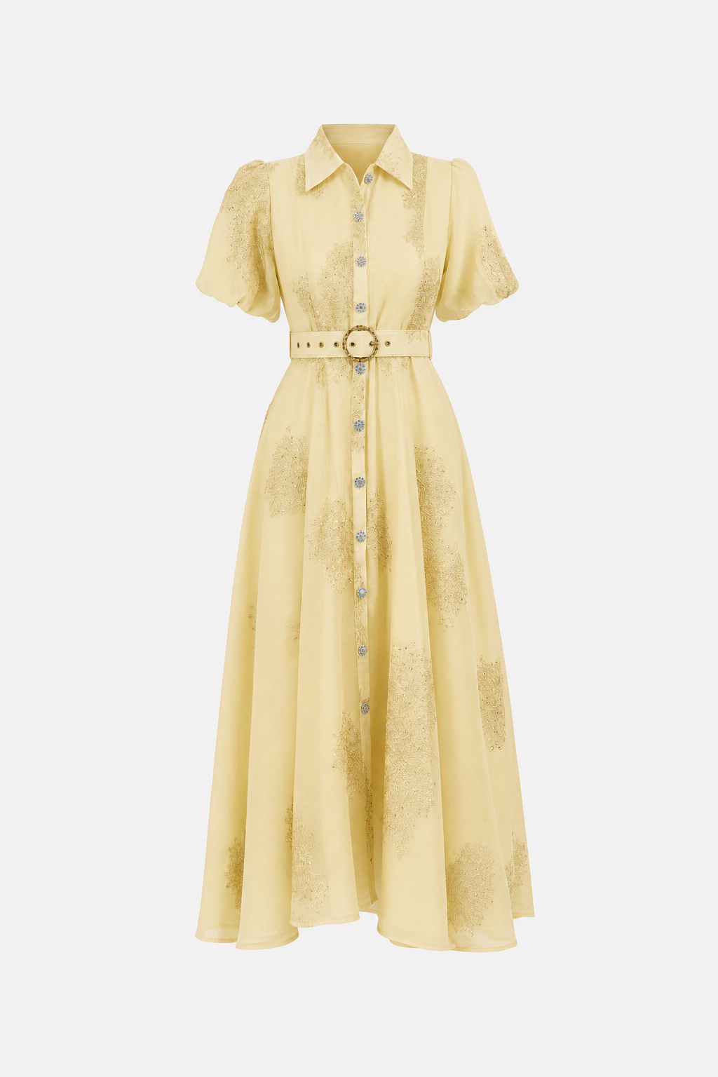 Yellow embroidered puff sleeve maxi shirt dress