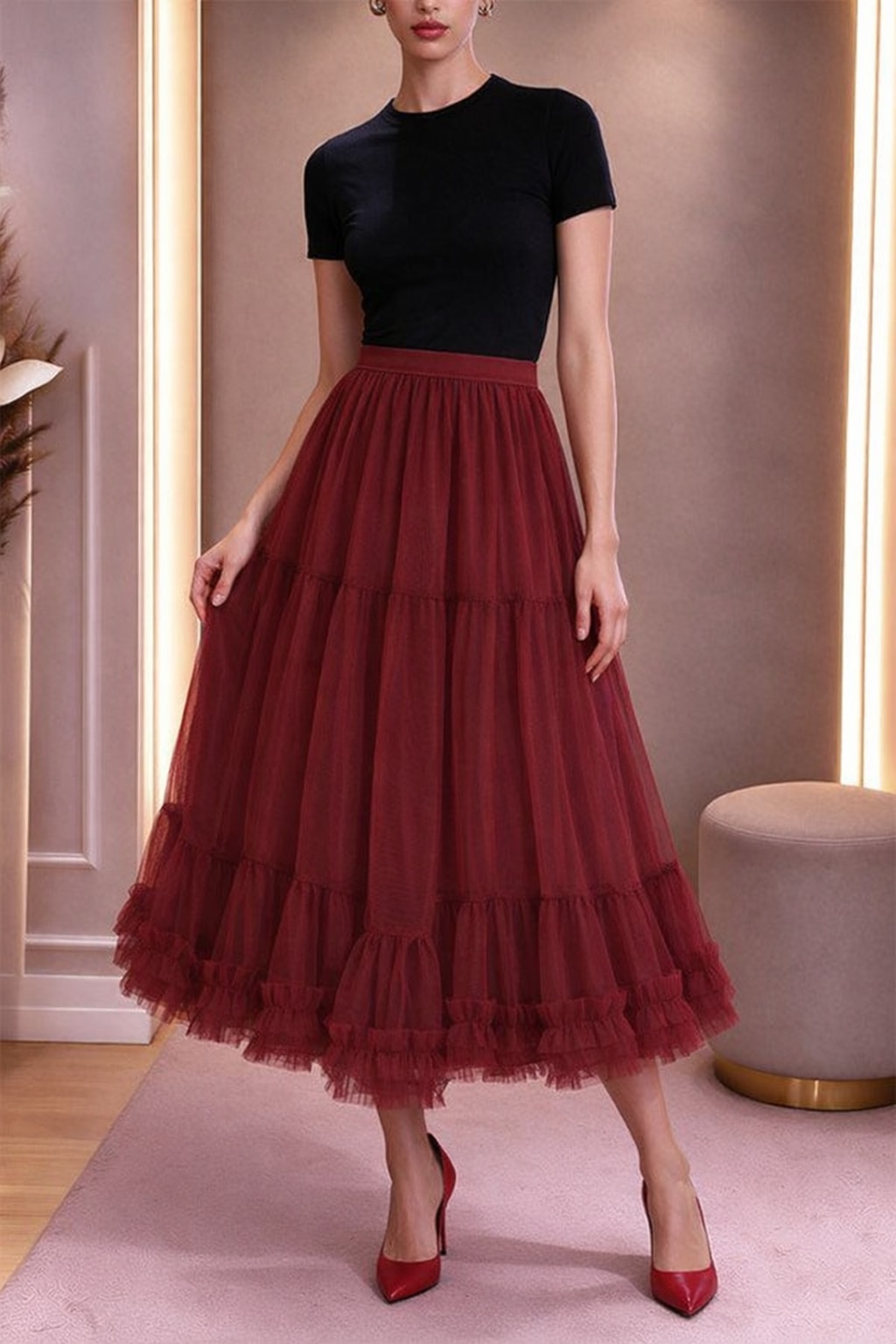 Mesh Midi Skirt With Elastic Waistband And Lettuce Edge - 2