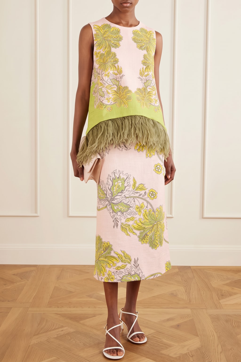 Polyester Feather Trim Top And Slit Midi Skirt Set - 3