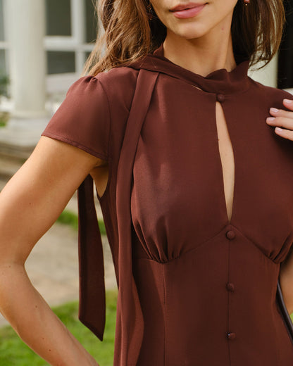 Brown Chiffon Mock Neck Mini Dress with Cutout - view 3