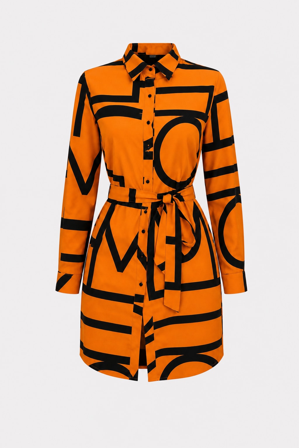 Geometric Print Shirt Dress With Belted Waist - 1