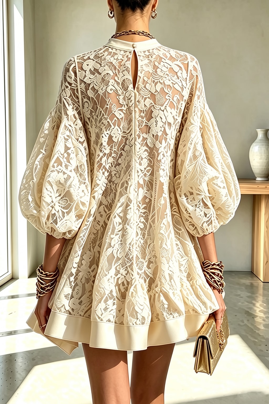 Lace Balloon Sleeve Mini Dress - 4