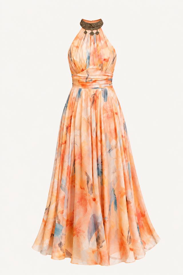 Orange floral watercolor halter maxi dress