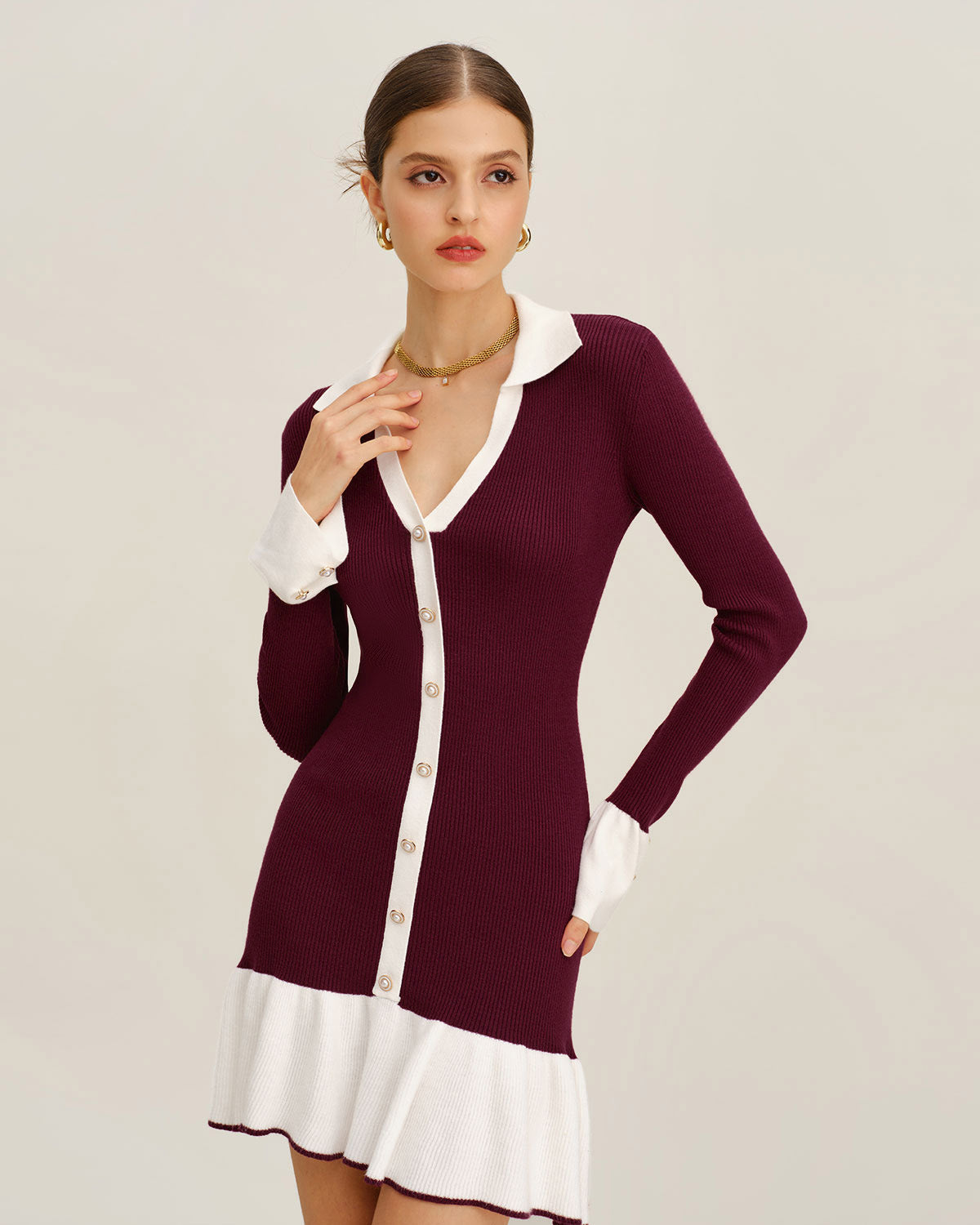 Wine red ribbed sweater dress with contrast trim - view 3
