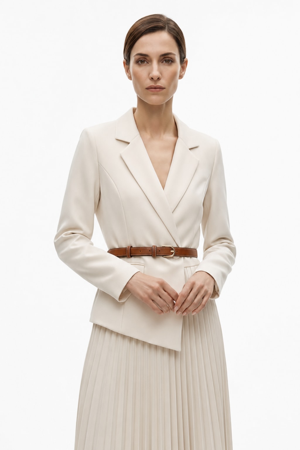 Woven Blazer & Patchwork Pleated Skirt Set - 3