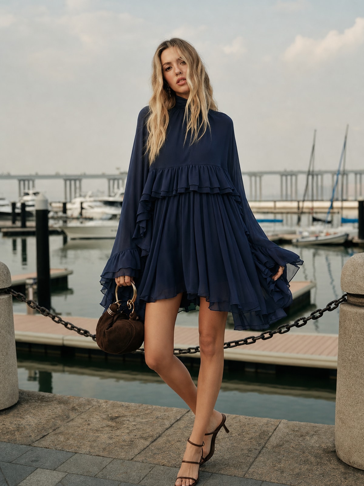 Chiffon Ruffle Mini Dress With Cape Overlay - 7
