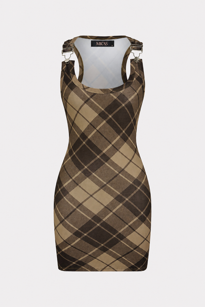 Plaid Print Jersey Mini Dress in Brown