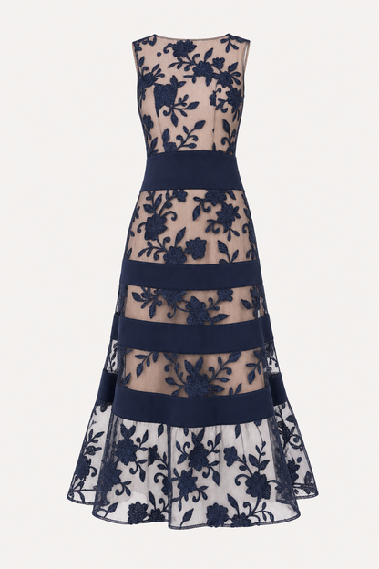 Colorblock Mesh Lace A-Line Midi Dress