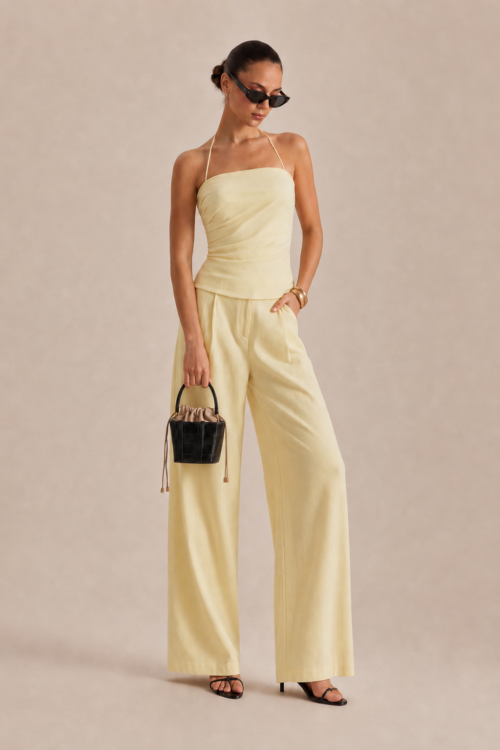 Light yellow ruched halter and wide-leg pants set - view 5