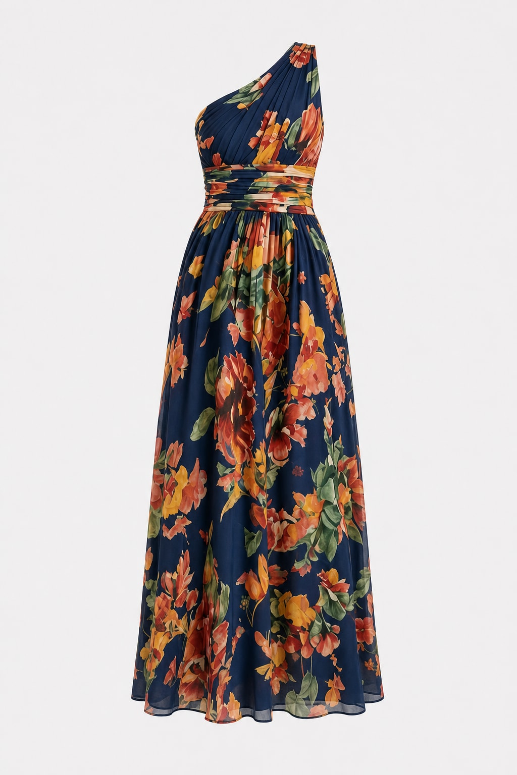 One-Shoulder Watercolor Floral Maxi Dress