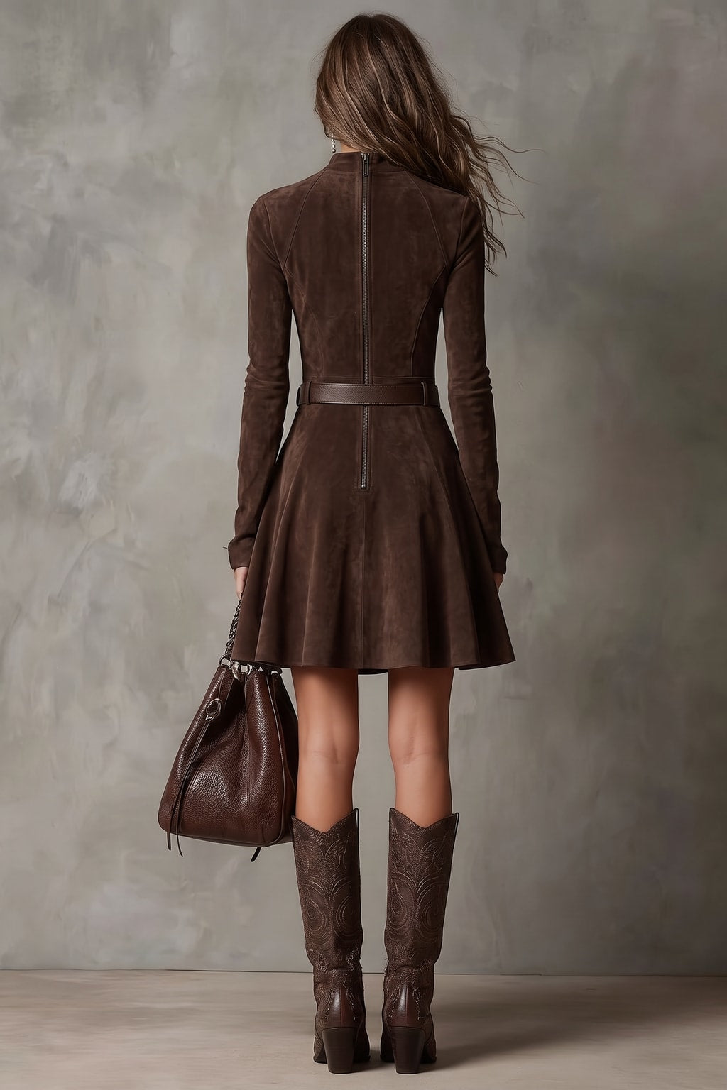 Suede Mini Dress with Turtleneck and Vintage Style - 7