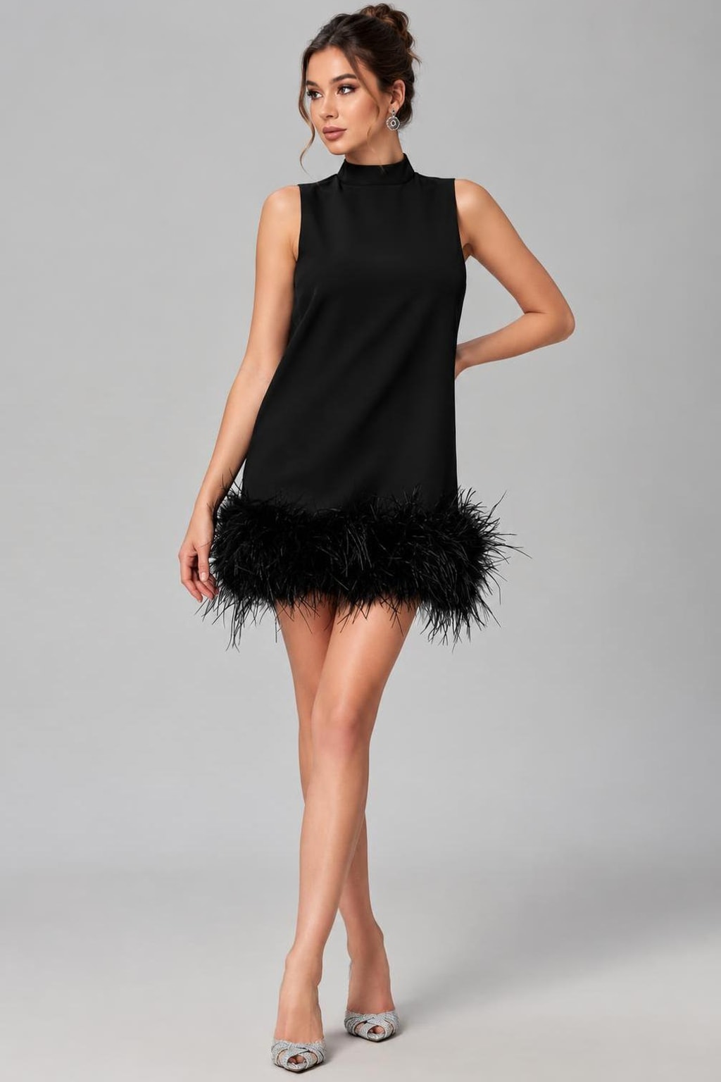 Mock Neck Sleeveless Mini Dress With Feather Hem Holiday Party-3