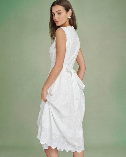 White V-neck embroidered cotton midi dress - view 5