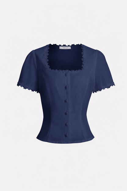 Navy square neck cotton linen button-front blouse