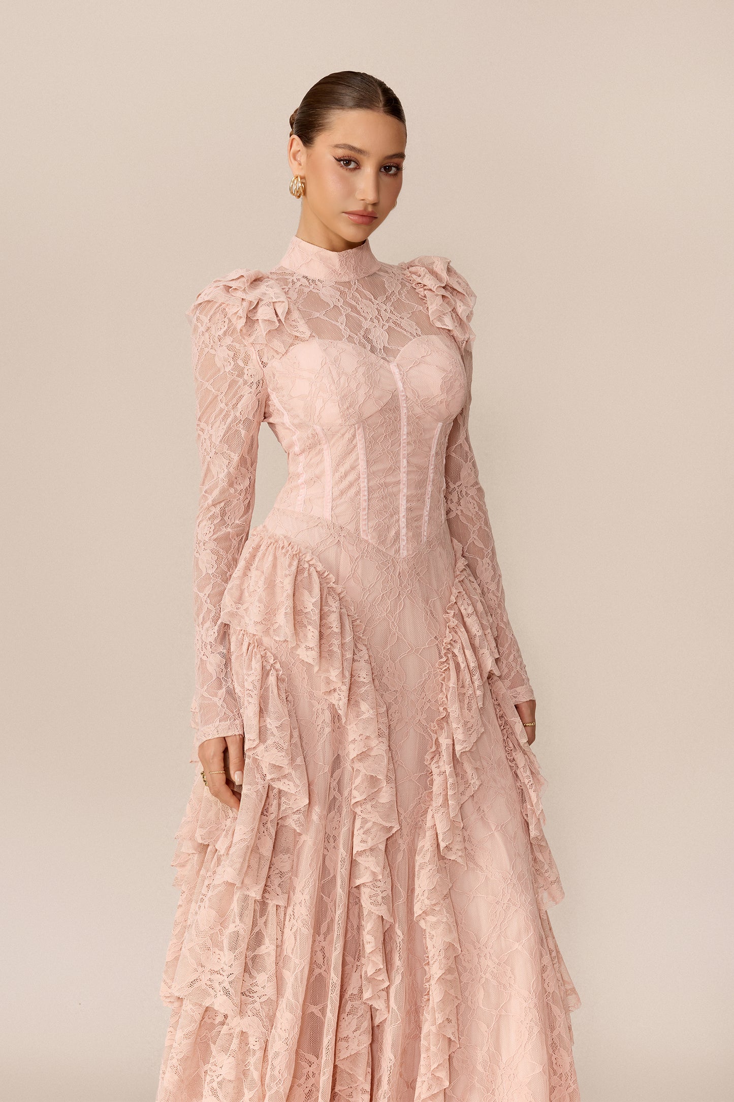 Long Sleeve Lace Corset Maxi Dress in Pink - view 3