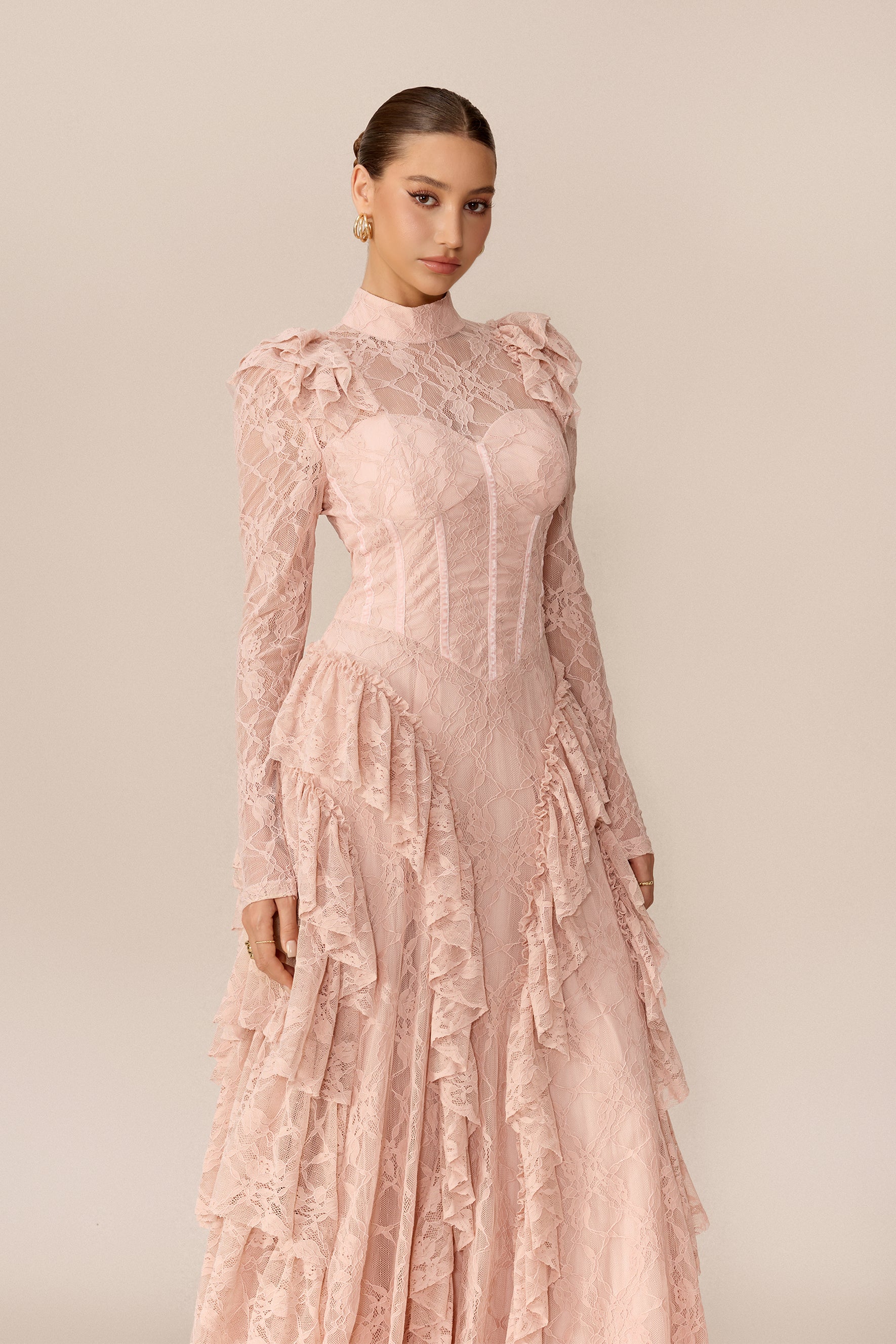 Long Sleeve Lace Corset Maxi Dress in Pink - view 3