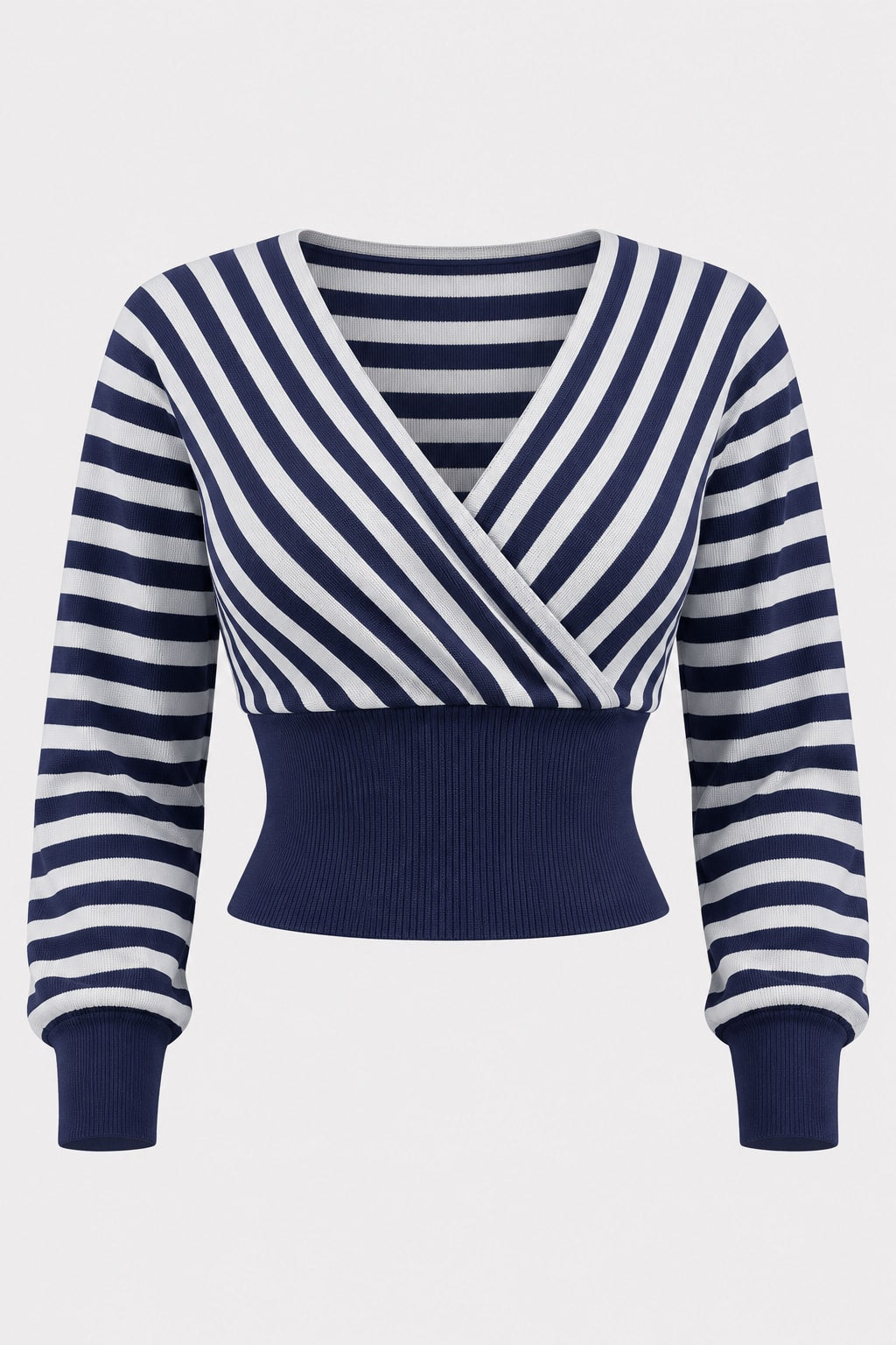 Knit Pullover V-Neck Striped Top With Long Sleeves - 1