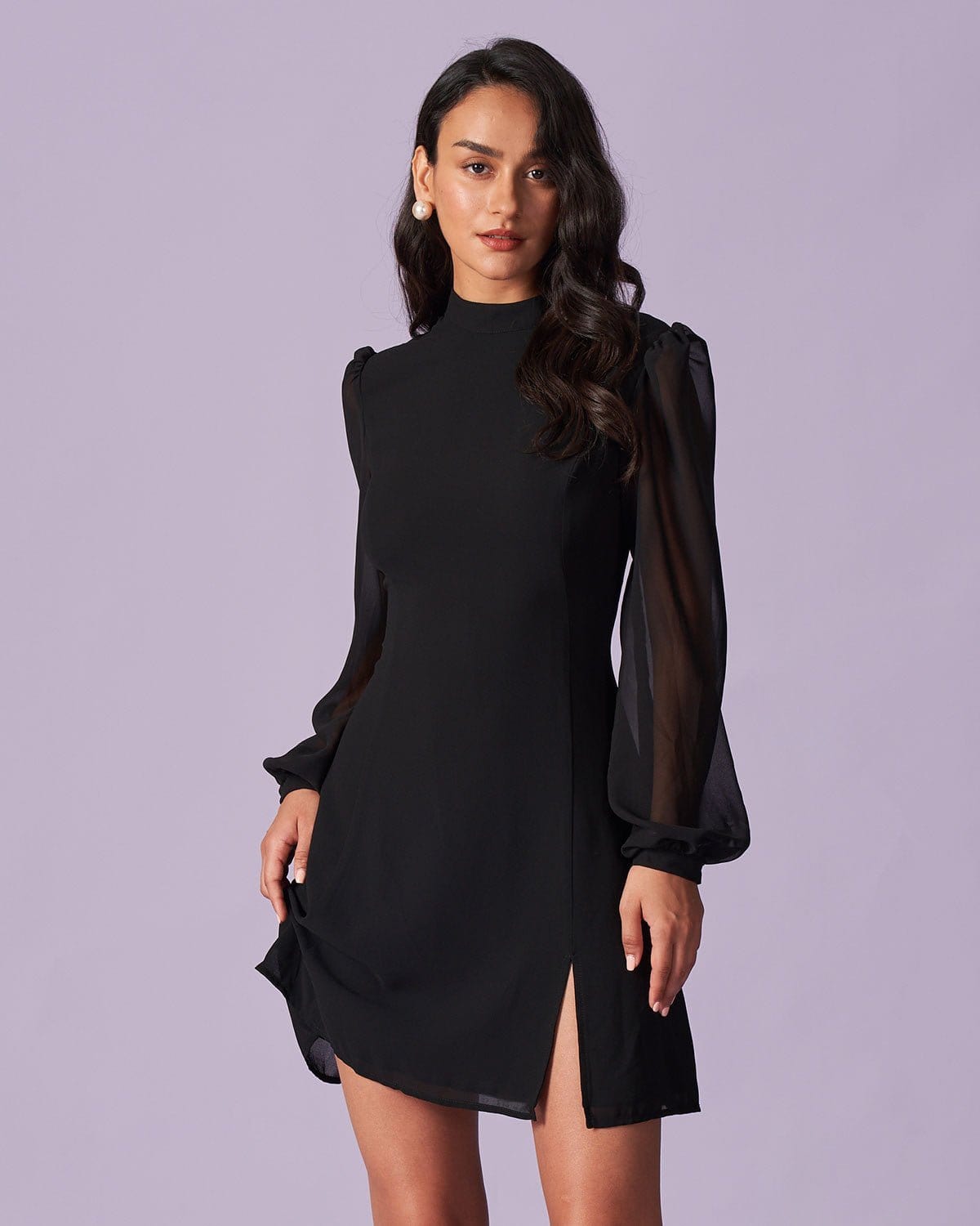 Black sheer slit mini dress with mock neck - view 3