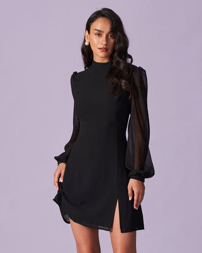 Black sheer slit mini dress with mock neck - view 3