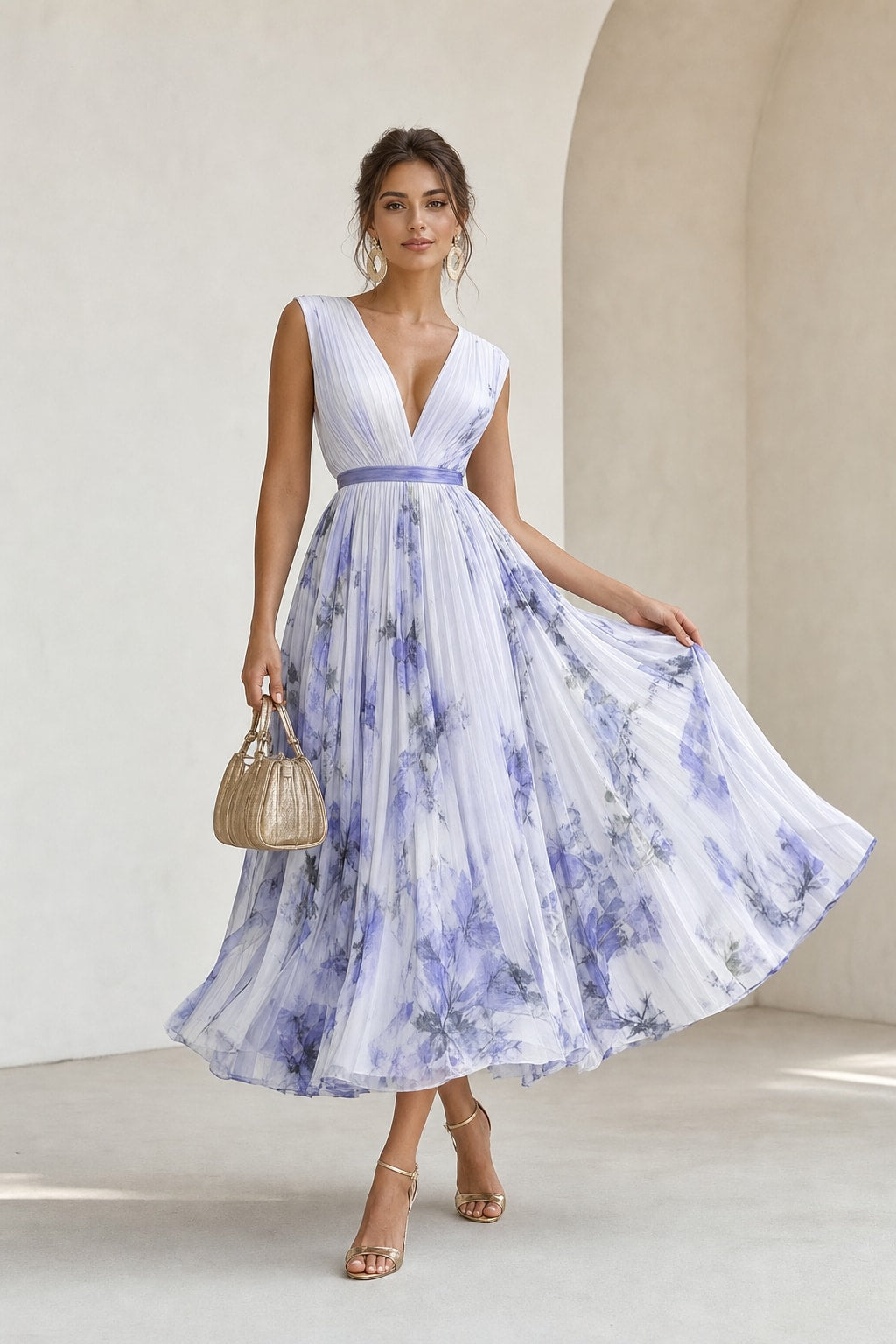 Chiffon Floral Midi Dress A-Line V-Neck Sleeveless - 8