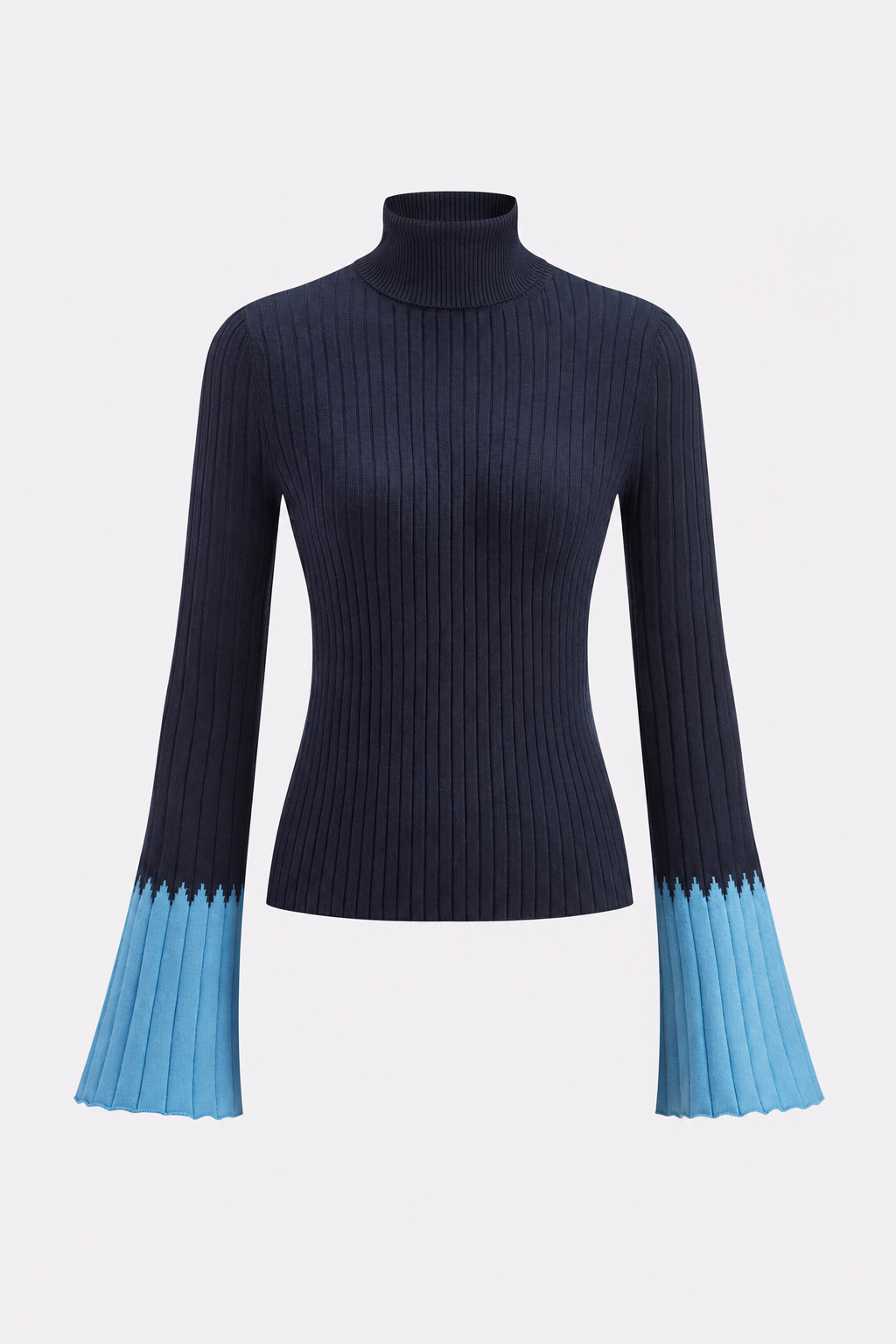 Blue Turtleneck Knit Sweater with Flared Cuffs