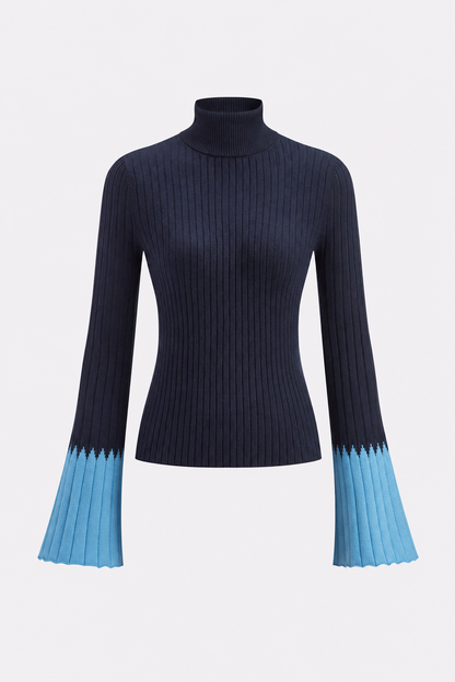 Blue Turtleneck Knit Sweater with Flared Cuffs