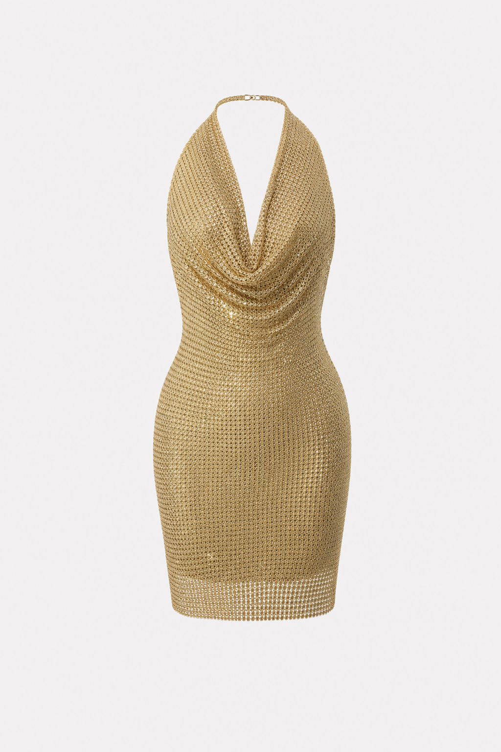 Gold Rhinestone Cowl Neck Mini Dress