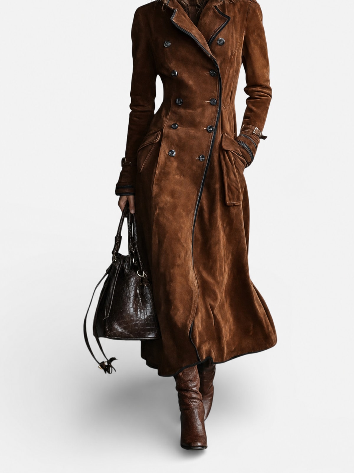 Faux Suede Double Breasted Long Trench Coat - 2