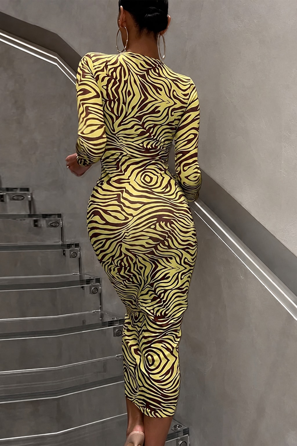 Polyester Pencil Dress Yellow Zebra Print Bodycon Style - 3