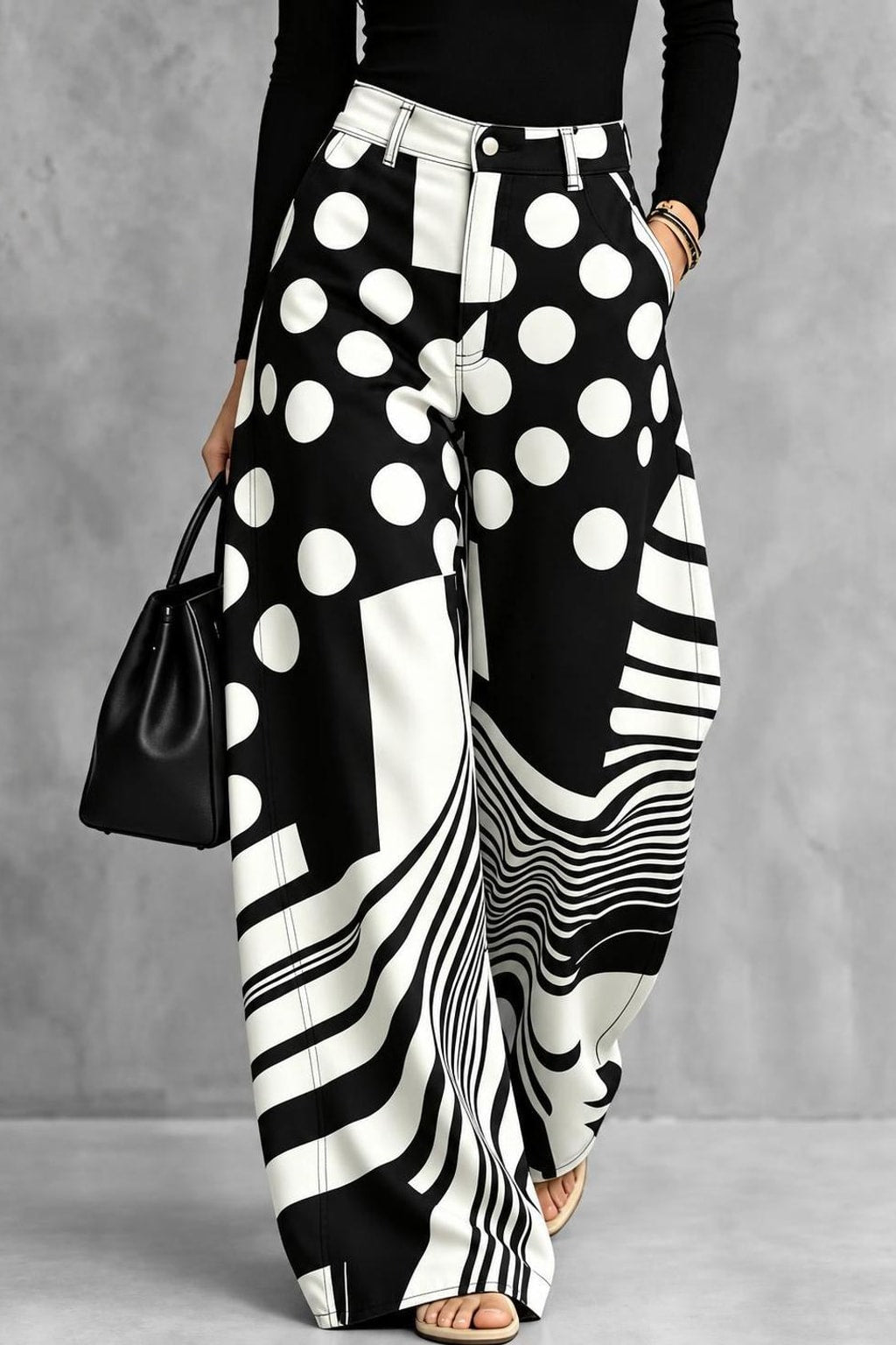 Polyester Wide Leg Trousers In Black And White Polka-Dot - 2